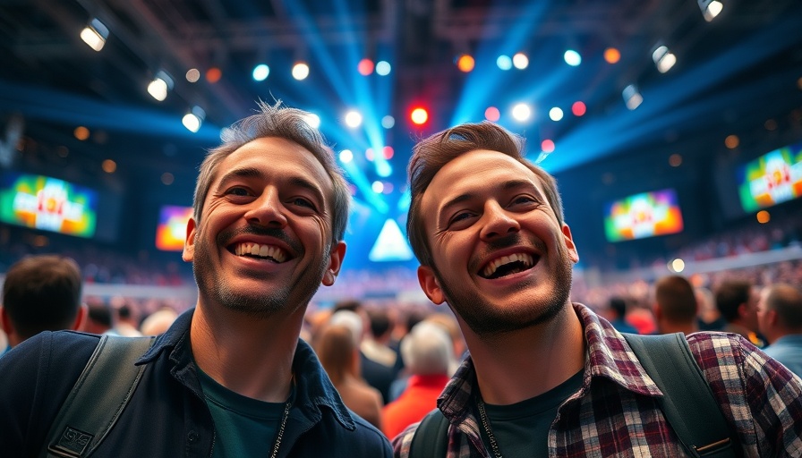 Dynamic duo smiling at a crypto event, bright lights in background.