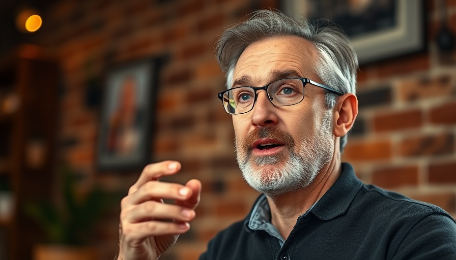 Middle-aged man presents in front of a microphone, indoor setup.