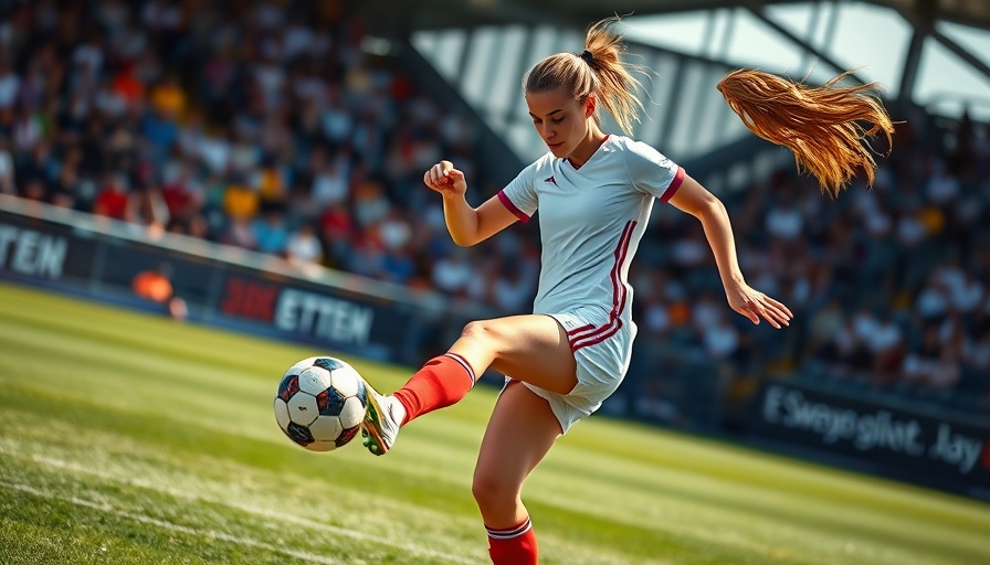 Female soccer player mid-kick on field, photorealistic action shot.