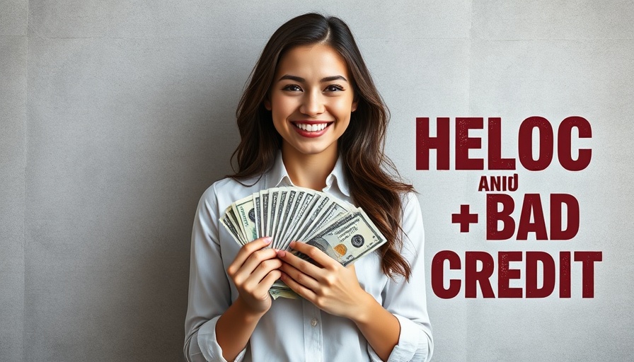 Smiling woman holding money with HELOC bad credit text in background.