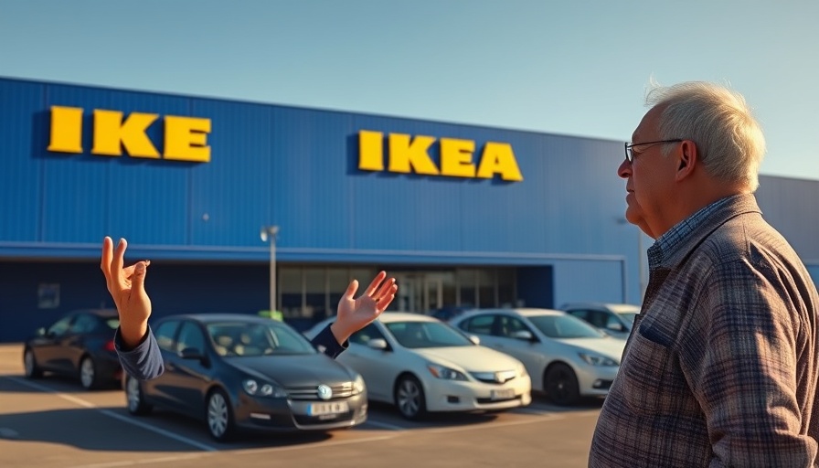 Man discusses IKEA employee salaries outside store, clear day.