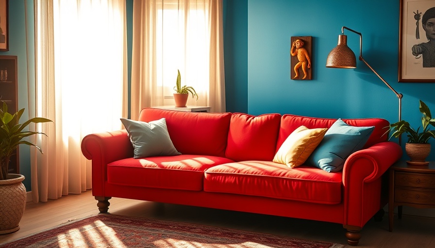 Bright red sofa bed in cozy room, enhancing decor with bed risers.