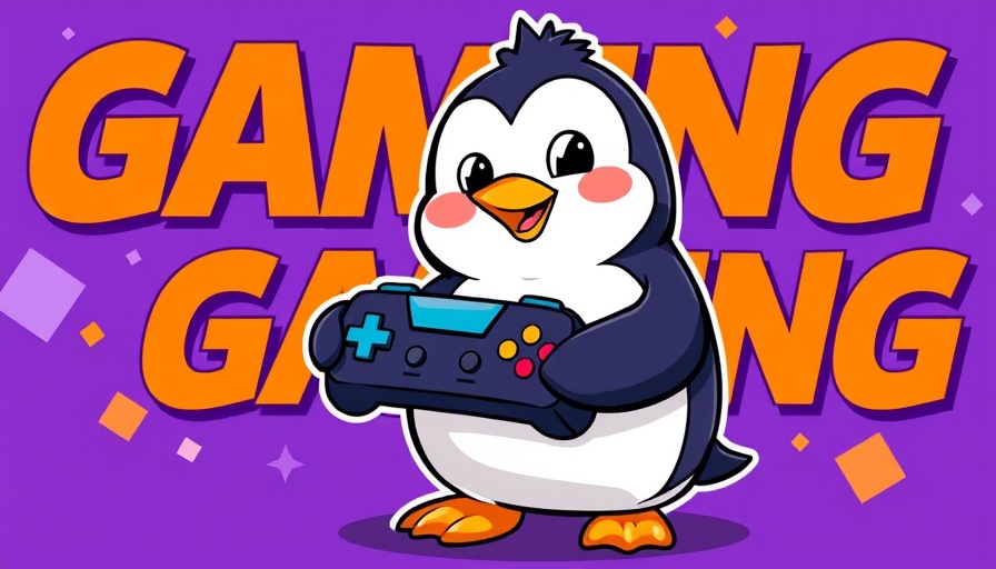 Cartoon penguin with controller and Linux Gaming 2026 theme.