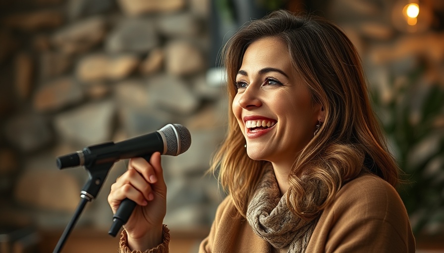 Woman smiling and speaking into a microphone, believing good times will come again.