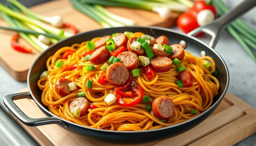 Low carb keilbasa lo mein in skillet with peppers and onions.