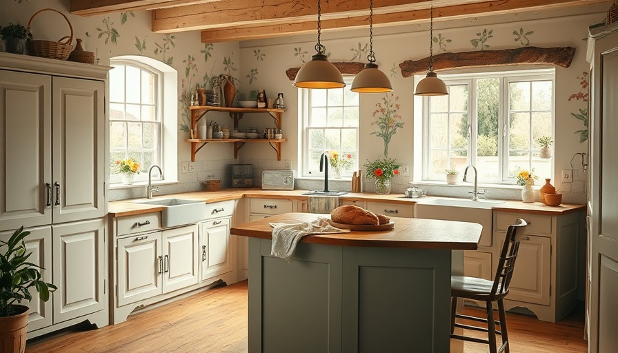 Restored English cottage-style bungalow kitchen with central island