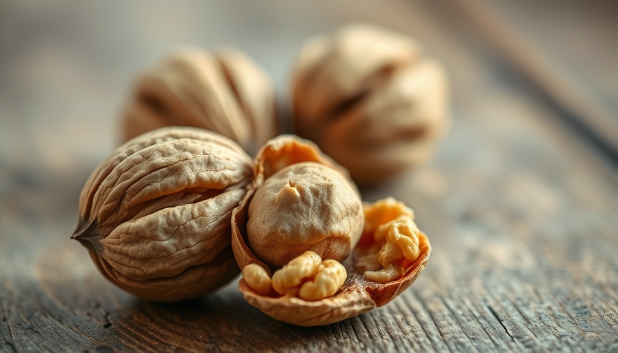 Cracked walnut on wooden surface with whole walnuts behind.