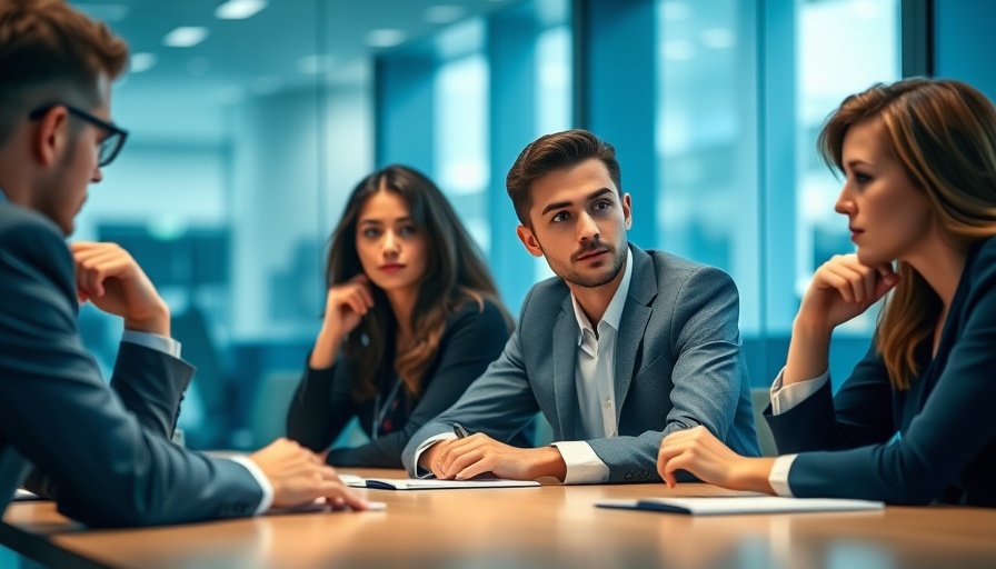 Young professionals at a meeting, expressing contemplation about career decisions.