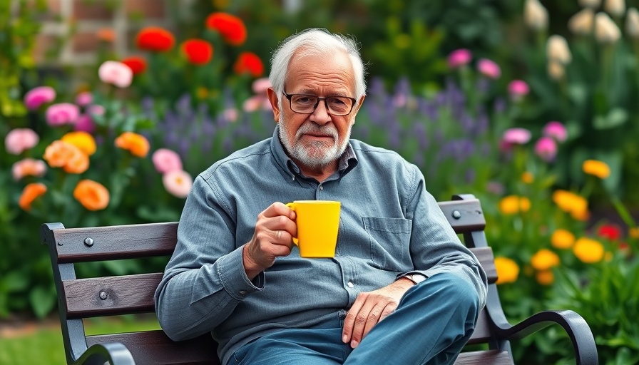 Elderly man with coffee cup in garden backdrop, natural light.