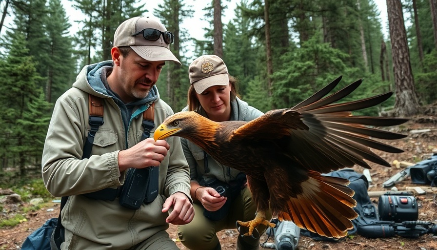 Researchers examining a golden eagle in forest conservation.