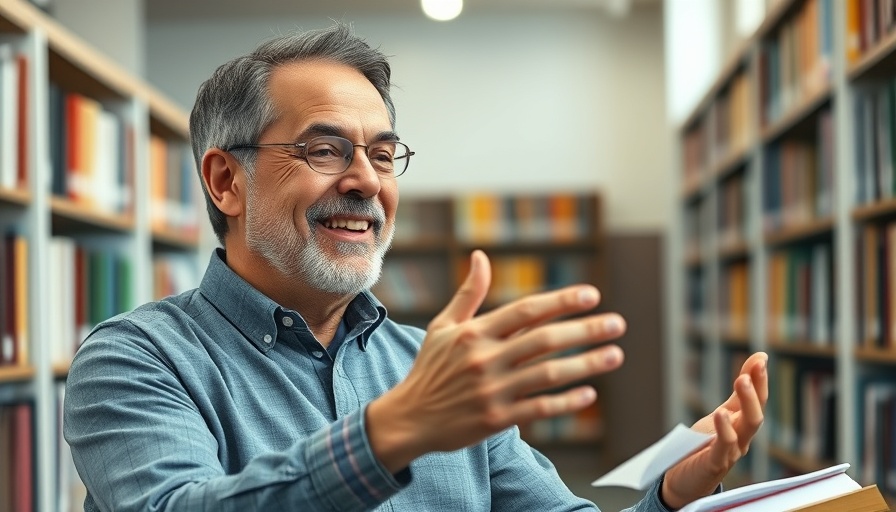 Enthusiastic man discussing theology in a library setting.