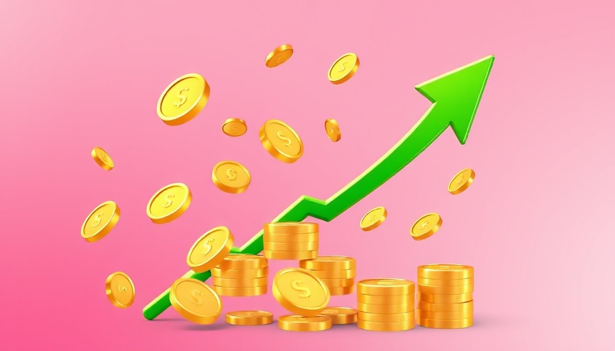 AI adoption in businesses, depicted by ascending arrow and coins.