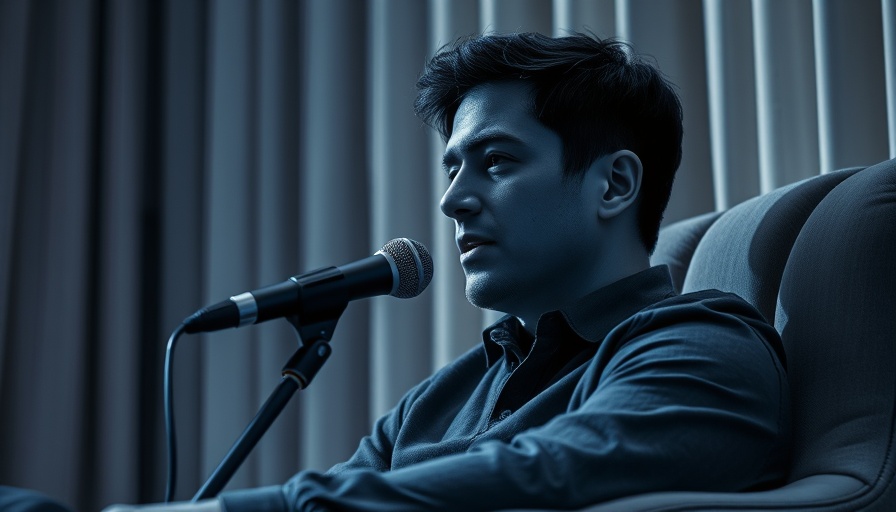 Monochrome blue-filtered person speaking with a microphone.