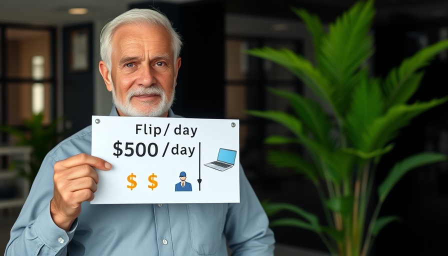 Boring but high paying remote jobs concept with older man showcasing daily earnings chart.
