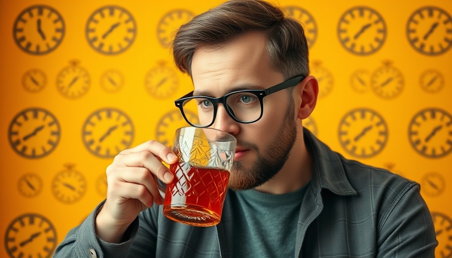 Casual man sipping tea with clock pattern backdrop