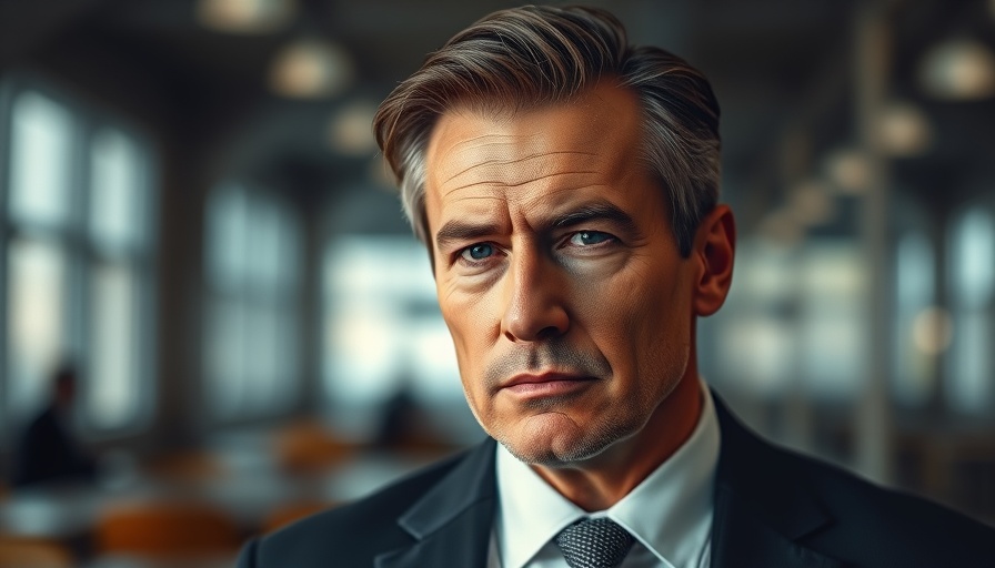 Prominent male figure with a serious expression in a suit, text overlay.