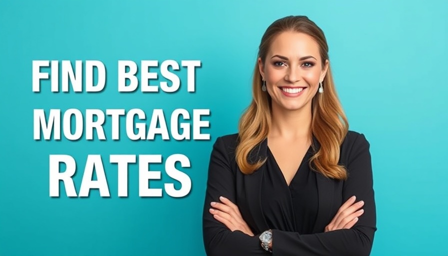 Confident woman promoting best mortgage rates with bold text.