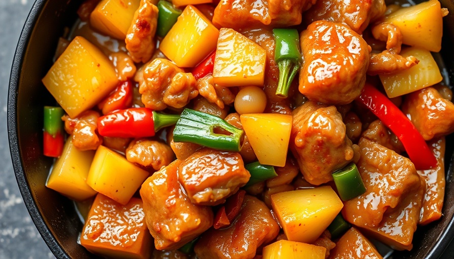 Sweet and sour pork recipe in a skillet, colorful and appetizing.