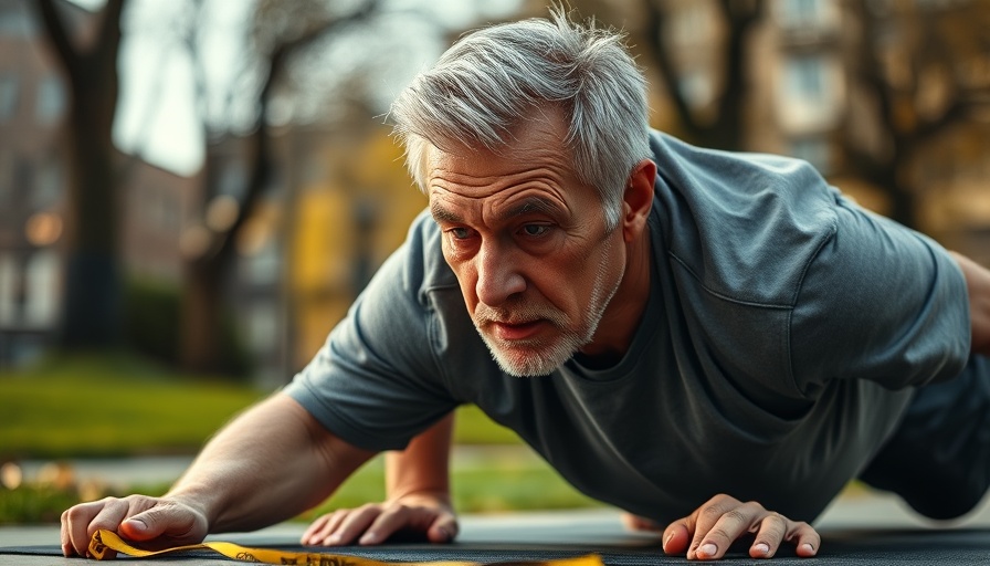 Older man performing plank, bodyweight fitness test after 45, outdoor.