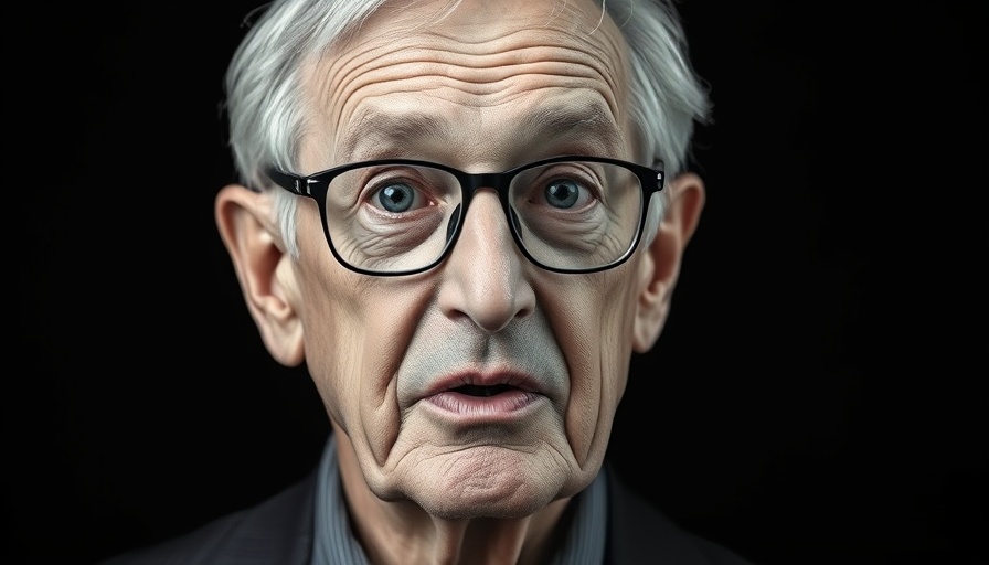 Older man speaking in grayscale photograph against dark background