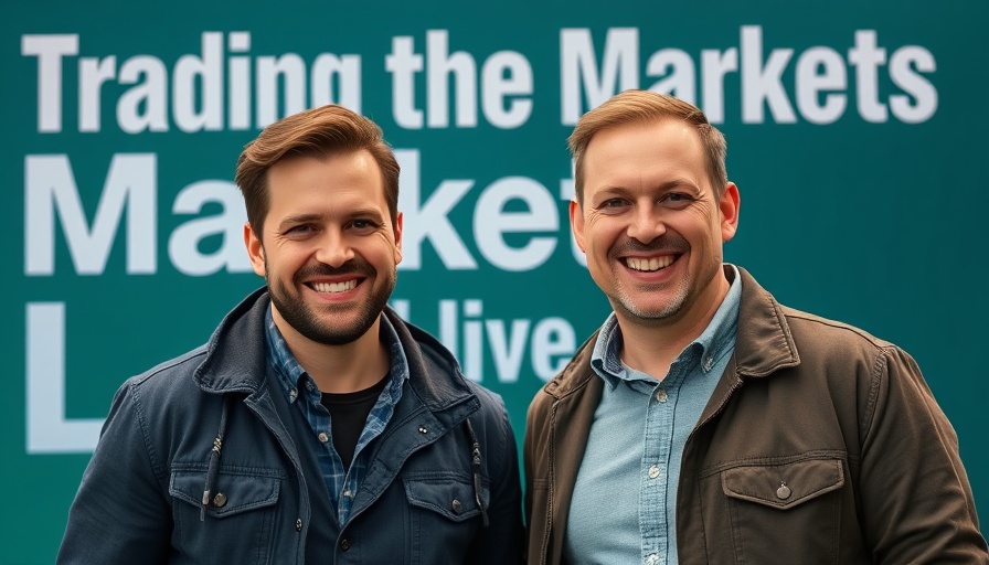 Two men smiling in a trading markets theme, dark teal background.