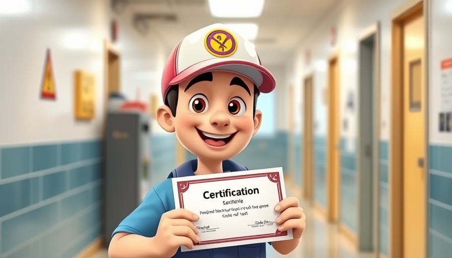 Cheerful cartoon plumber with certification, outdated plumbing technology warning.