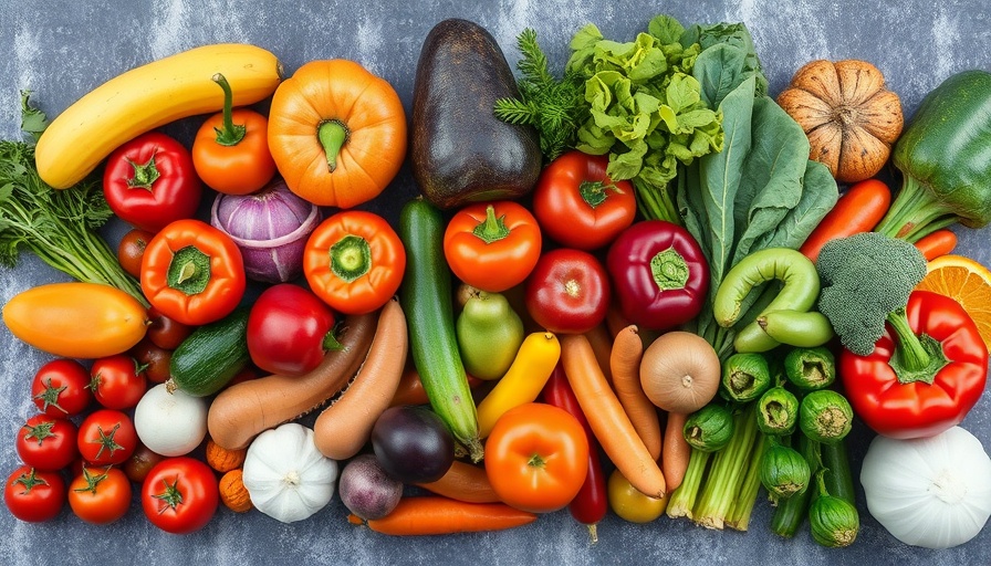 Colorful fresh vegetables and fruits, promoting prebiotic foods, on a textured stone background.