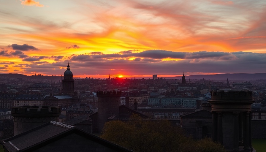 Edinburgh cityscape at sunset, highlighting historic skyline.