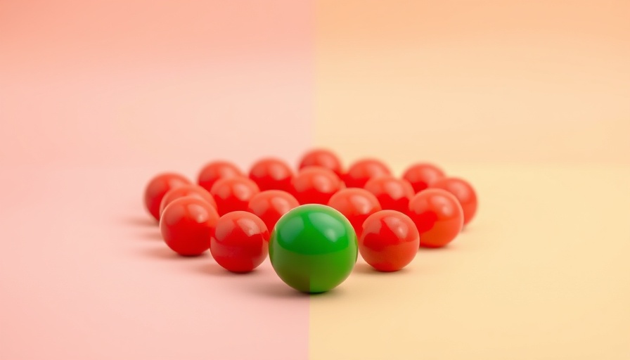 Leadership culture depicted by a green sphere amidst red spheres in a minimalistic setting.
