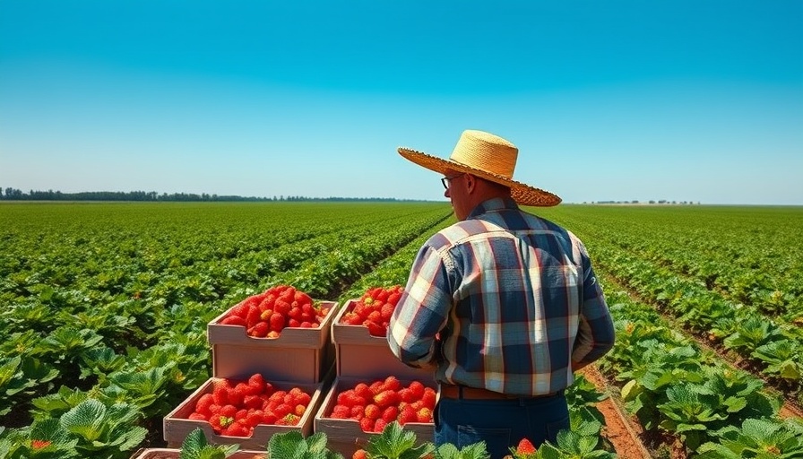 Farmer with strawberries in field, Safe Produce Insights.