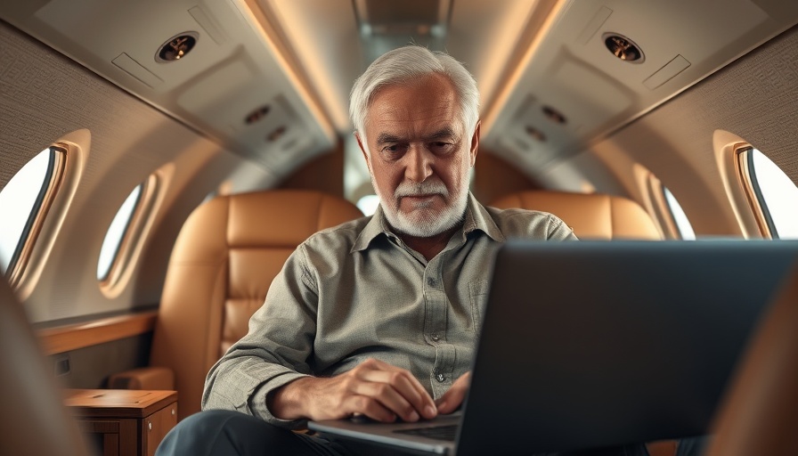 Luxurious private jet interior with engaged elderly man working.