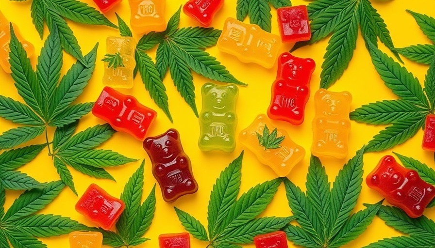 THC gummy bears with cannabis leaves on yellow background.