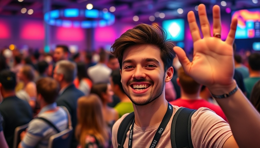 Cheerful attendee waving at the Slimmer iPhone 17 Air launch.