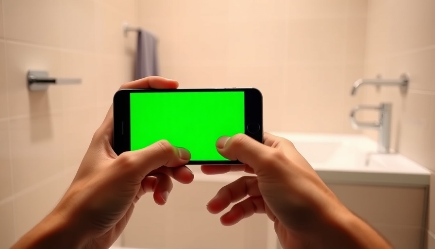 Hands holding smartphone in bathroom related to hemorrhoids risk.