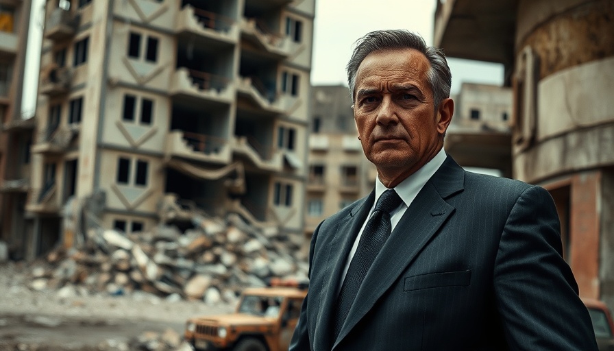 Serious politician beside war-torn building, highlighting Israel strikes Hamas in Qatar.