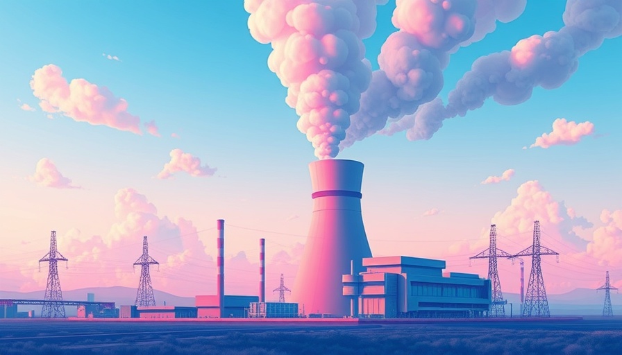 AI's energy future: Colorful cartoon power plant with AI terms in clouds