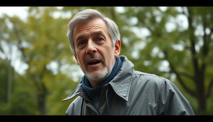 Man in raincoat speaking outdoors, considering job or business setup.