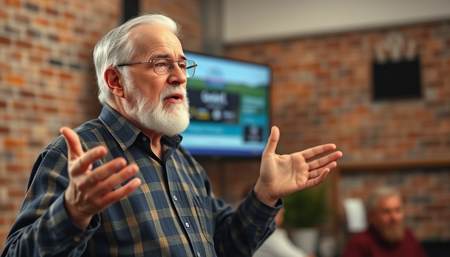 Elderly man discussing the heart of the gospel in church setting.