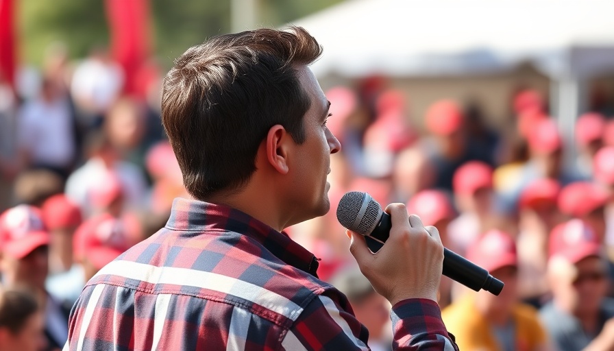 Speaker at outdoor event, gesturing with microphone, crowd in background.