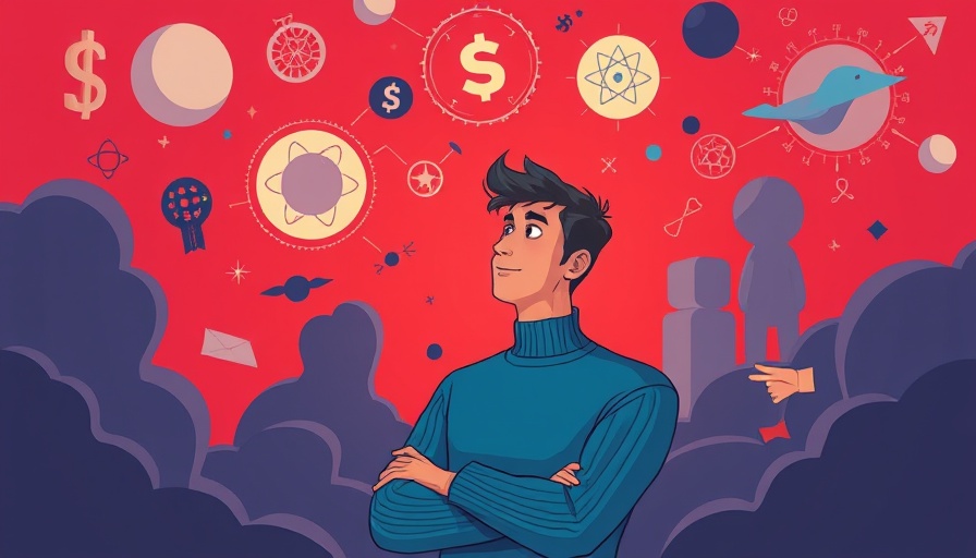 Illustration symbolizing Trump’s impact on science with a man and abstract symbols.