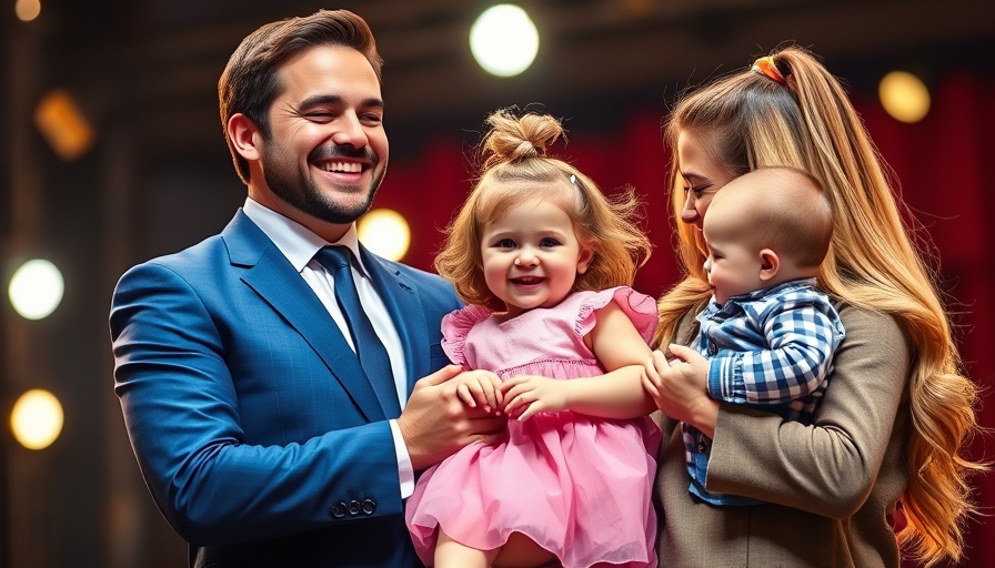 Happy family interacting under bright stage lights.