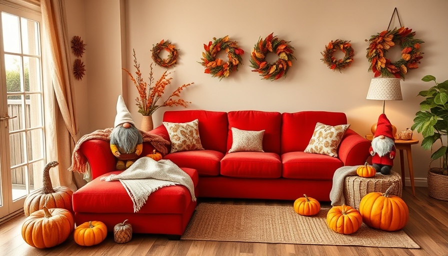 Aldi Autumn Decor: Cozy living room with red sofa and autumn decorations.
