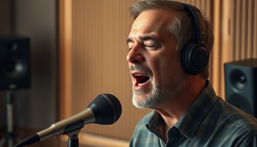 Middle-aged man singing 'Be Thou My Vision' into a microphone, studio setting.