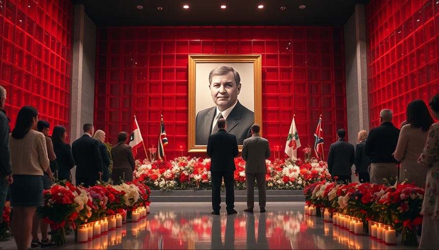 Memorial gathering in front of a portrait with candles and flowers.