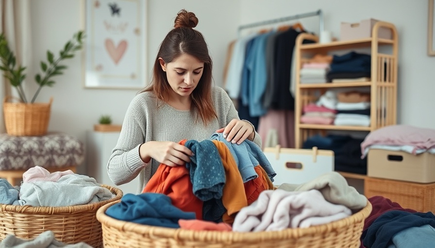 Overwhelmed mother declutters kids clothing in UK home.