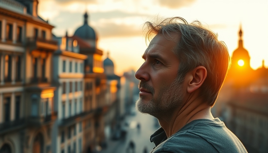 Thoughtful man with European cityscape, symbolizing European economic decline.