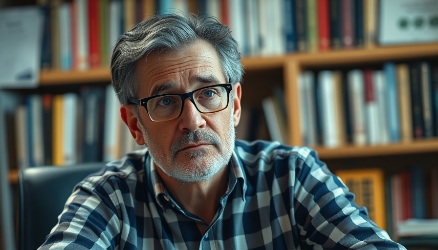 Thoughtful man with glasses discussing rapture predictions in a library setting.