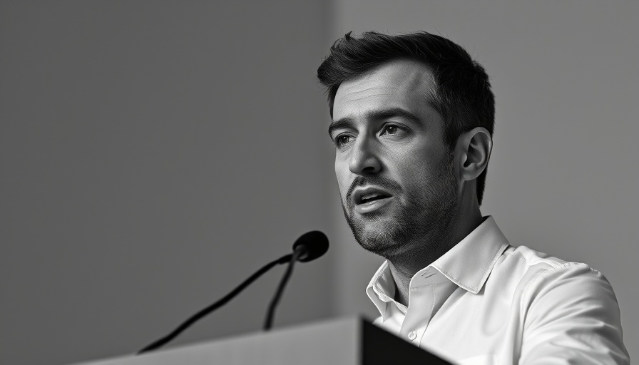 Portrait of a man speaking at a podium in black and white.