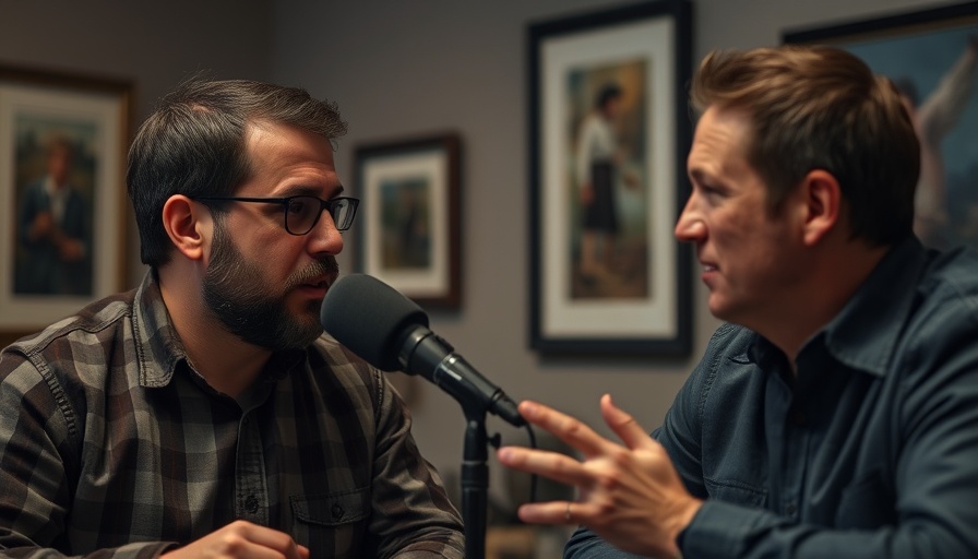 Podcast discussion between two men in a thoughtful setting.
