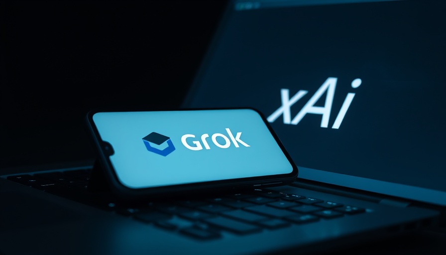GROK app logo on phone next to xAI logo on laptop screen.